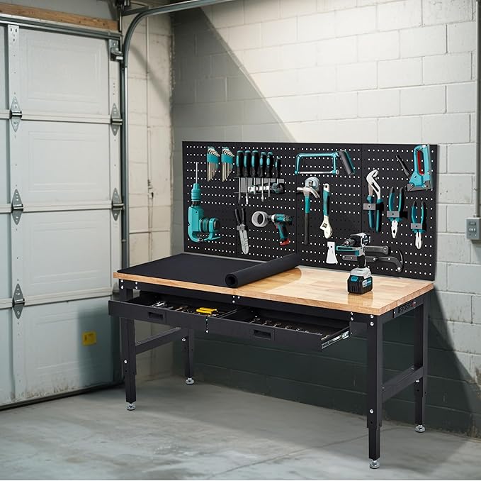 60 Inch Adjustable Height Rubber Wood Garage Workbench, Heavy Duty 3000LBS Work Bench with Drawers & Pegboard & Power Outlets Work Table for Garage, Workshop, Home Office