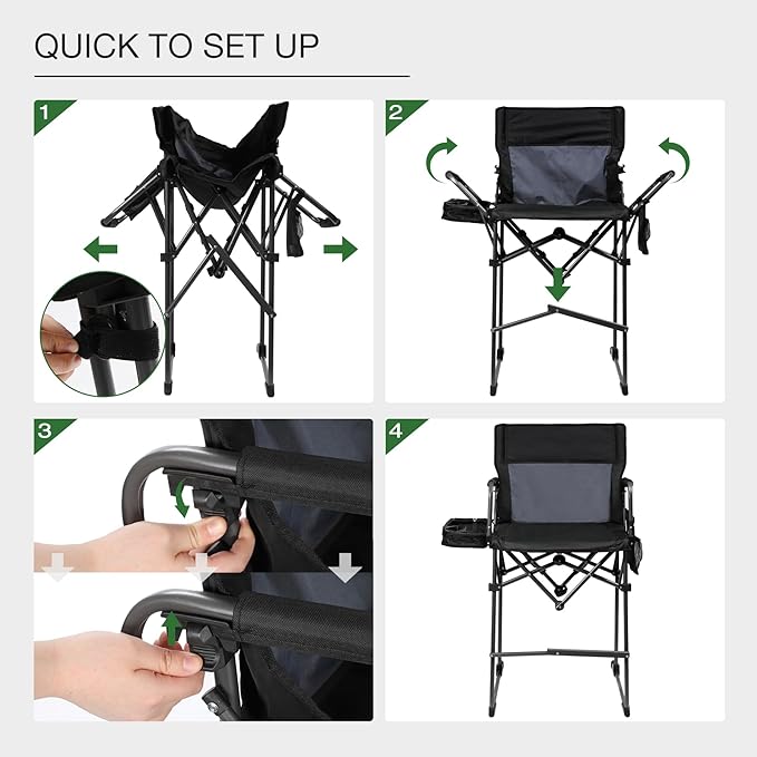 Stonehomy Portable 29" Seat Height Tall Folding Camping Chair High Foldable Directors Chair Bar Height Stool with Side Table and Storage Bag for Makeup Artist, Lawn, Craft Show, 350LBS Black, 2Pack