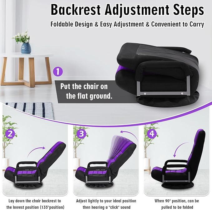 Swivel Floor Gaming Chair w/Armrests,Folding Video Reclining Sofa w/6 Adjustable Position, Padded Backrest & Cushion, Lazy Lounger Couch for E-Sports, Reading, Relaxing, Watching TV, Purple