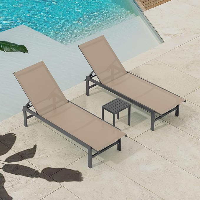 Chaise Lounge Chair for Pool, Aluminum Outdoor Lounge Chairs with 5-Position Recliner, Patio Lounge Chair for Backyard, Poolside, Lawn (Khaki)
