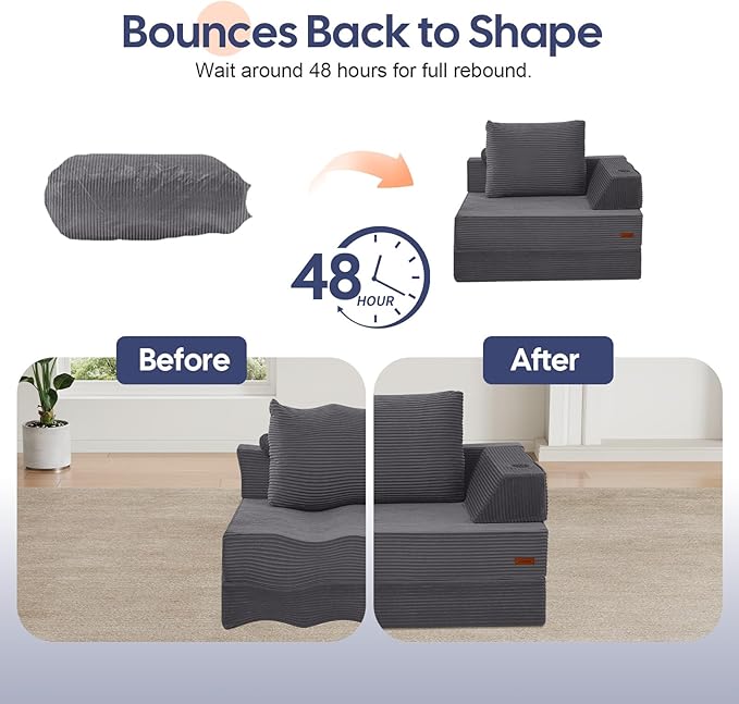 COMAX Folding Sofa Bed, Foldable Couch for Bedroom, Corduroy Convertible Floor Sleeper Futon Chair Foam, 3 in 1 Fold Out Chair Portable Comfy Lounge Couch Single Sofa Bed for Small Space Guest Room