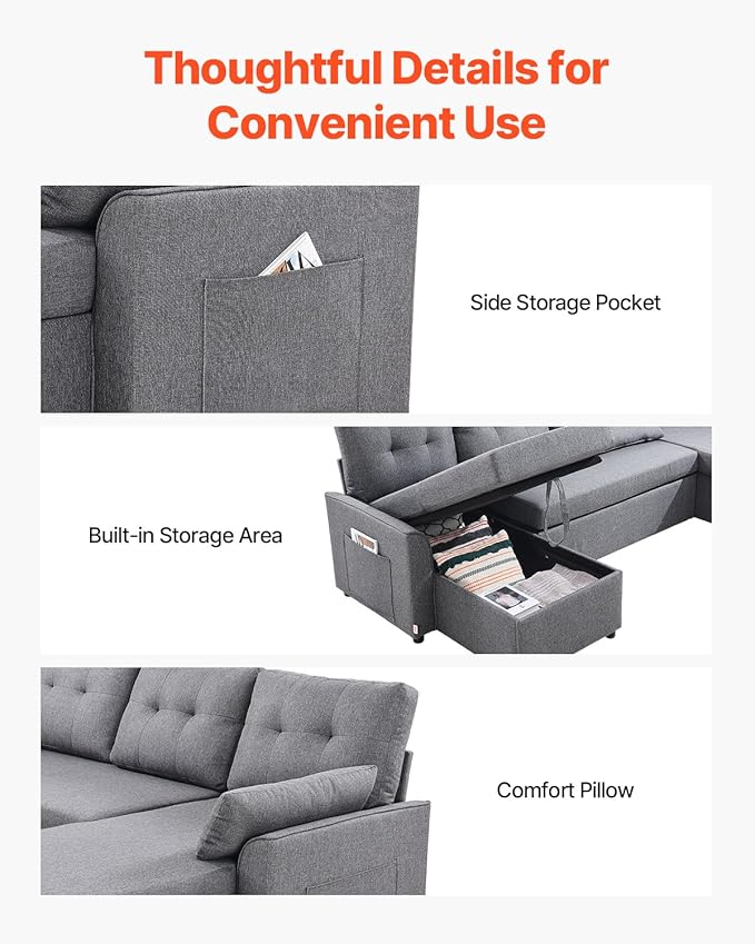 VEVOR U Shaped Sofa Bed, Convertible Sofa Bed with 2 Side Pockets, 2 Pillows and Double Chaise, 6-Seat Pull Out Sleeper Couch with Large Storage Capacity for Living Room, Apartment, Metal Frame, Gray