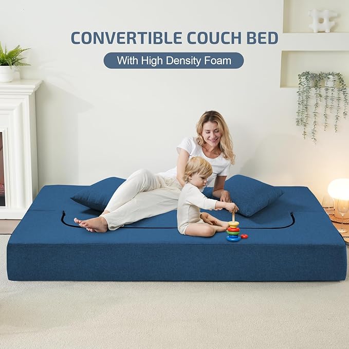2-in-1 Folding Sofa Bed with Pillows - Folding Chair Floor Couch & Sleeping Mattress - Washable Cover & Memory Foam Sleeper Chair for Living Room/Guest Room/Apartment/Loft, Navy Blue, Twin XL