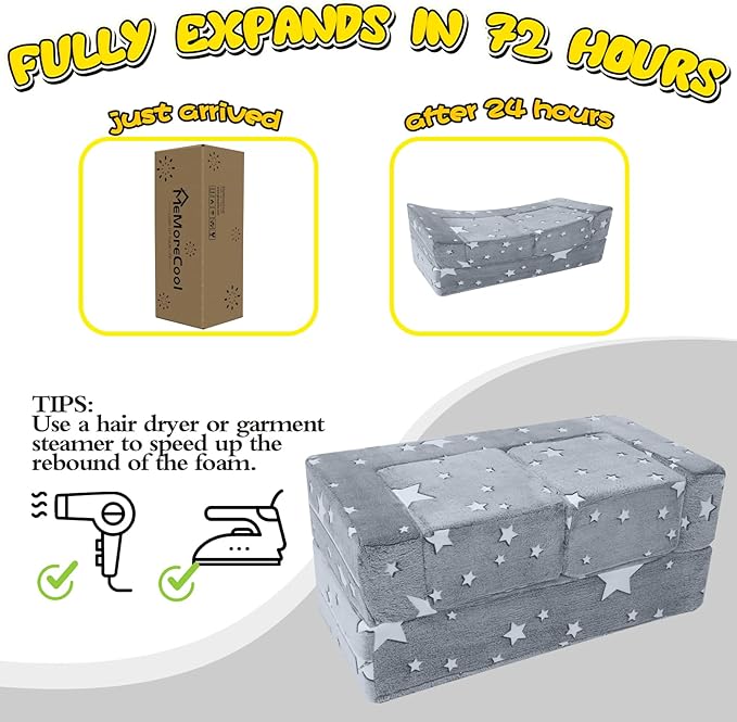 MeMoreCool Modular Kids Play Couch Sofa – Glow-in-The-Dark Star Design, Fold-Out Toddler Couch for Playroom Furniture, Grey