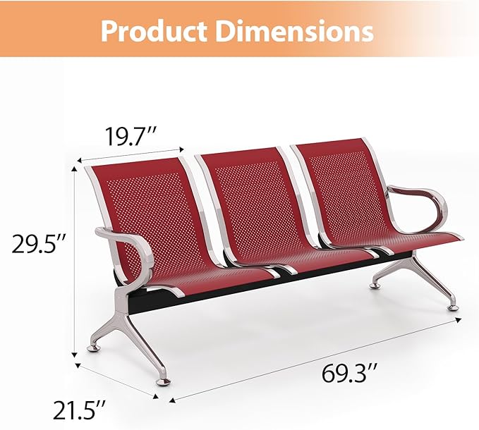 Kinfant 3-Seat Waiting Room Chair - Office Guest Reception Chairs with Ergonomic Backrests, Airport Waiting Bench with Armrests, Metal Waiting Furniture for Hospital, Bank, Salon, Dark Red