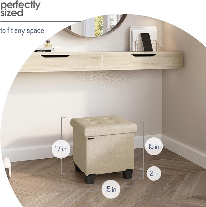 Storage Ottoman Cube with Small Bin, 16-in Square Ottoman with Storage for Living Room and Bedroom, Small Ottomans Foot Rest, Fabric Foot Stools Ottomans Max 330lbs, Beige