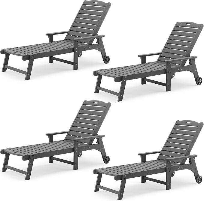 LUE BONA Outdoor Chaise Lounge Chairs Set of 4, HDPS Chaise Lounger, 5 Positions Adjustable Lounge Chairs, Pool Lounge Chair with Wheels for Poolside, Dark Gray