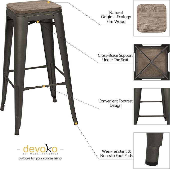Devoko Metal Bar Stool 30'' Indoor Outdoor Stackable Barstools Modern Industrial Square Wood Top Bar Stools Set of 4 (30 inch, Gun)