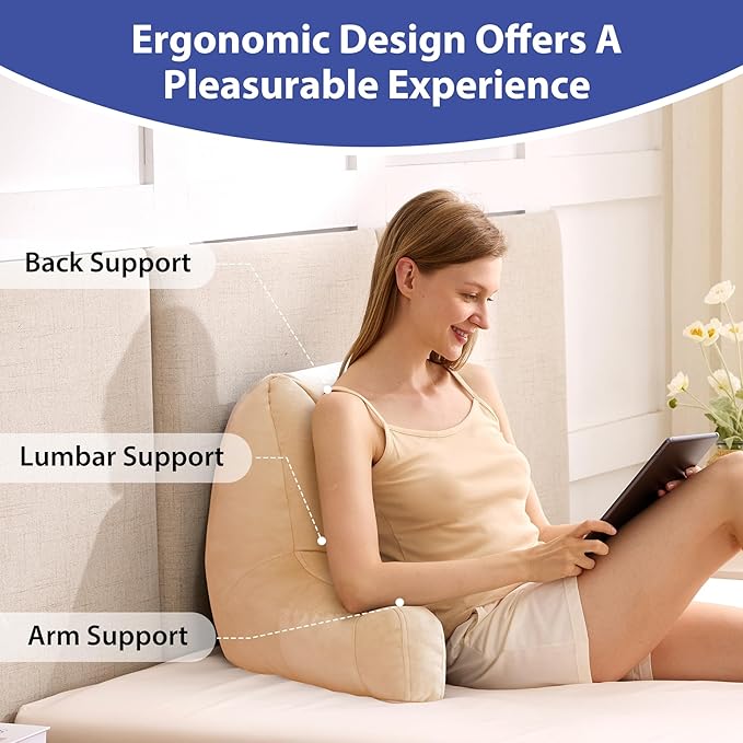 IASEAHK Reading Pillows for Sitting in Bed Adult, Back Pillow for Bed Sitting Up, Backrest Pillows with Shredded Foam for Adult&Teens, Support Pillow with Arms for Beds, Couch, Floor, 20in, Beige
