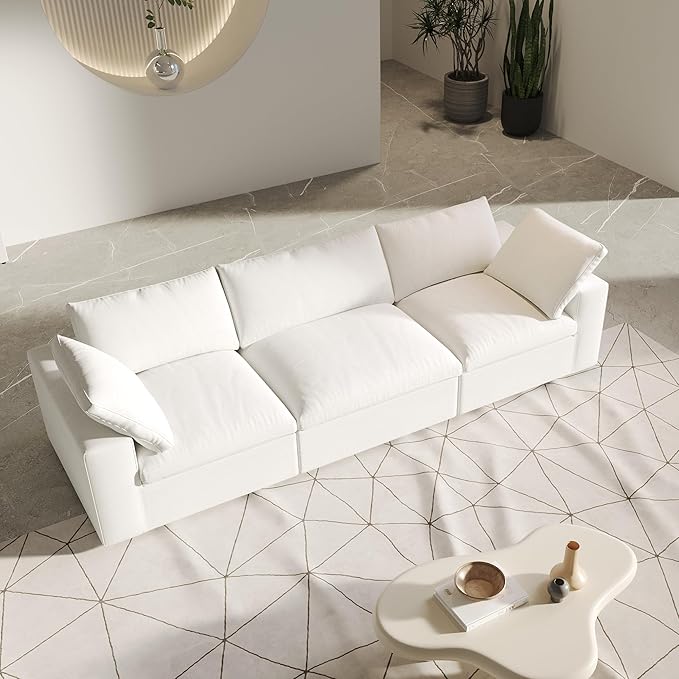 3 Seater Cloud Sectional Couch, White Modular Sectional Sofa, Modern Comfy Sofa, Covers Removable, Convertible Sleeper Couch for Living Room Apartment (Linen Fabric)