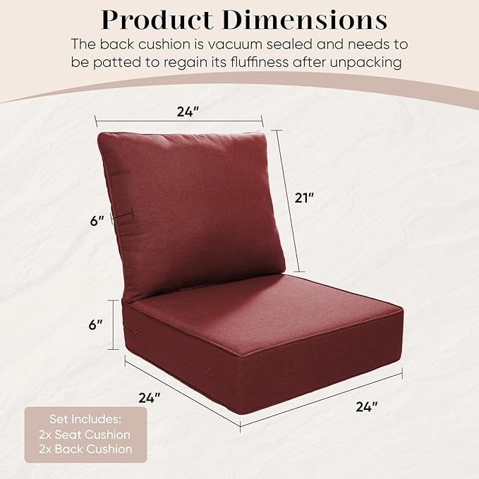 Luxury Outdoor Seat Cushion Set-24 x 24 x 6 Inch Outdoor Chair Cushions with Water Resistant & Removable Cover Outdoor Cushions for Patio Furniture Chair Sofa Couch