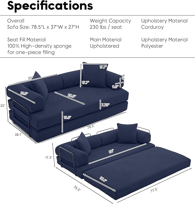 ZEIINPA Convertible Sleeper Sofa Bed with Cylindrical Pillow, Corduroy Folding Boneless Couch with Fixed-Shape Frame, Floor Sofa Lounge Couch for Living Room Bedroom Lounge Studio-Blue
