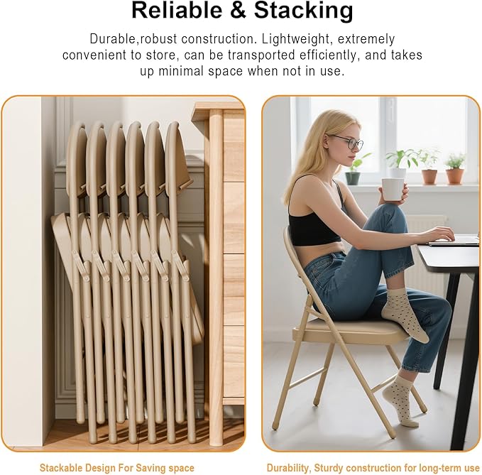 30 Pack Khaki Folding Chairs with Padded Cushion for Outside, Portable Stackable Commercial Metal Foldable Chairs with Steel Frame for Home Events Office Wedding Party, 350lbs Capacity