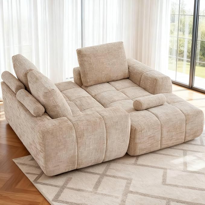 KEIKI Sectional Chenille Floor Sofa, Convertible L-Shaped Boneless Cloud Sleeper Couch with Chaise Lounge, Space Saving Modular Futon Couches Bed for Living Room Bedroom, No Assembly Required, Khaki