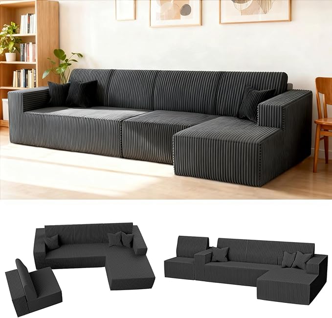 Komusou 142" Boneless Couch, Cloud Modular Sectional Sofa with L-Shape Chaise and Deep Seat, Modern Upholstered Couches for Living Room Bedroom No Assembly Required (Grey, Right Facing Chaise)