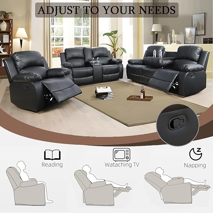 Caberryne Leather Recliner Sofa Set，Leather Reclining Couch for Living Room Furniture Sets，Black Recliner Couch with 5 Recliners for Living Room/Office/Theater Seating(Sofa Set 3 Pieces)
