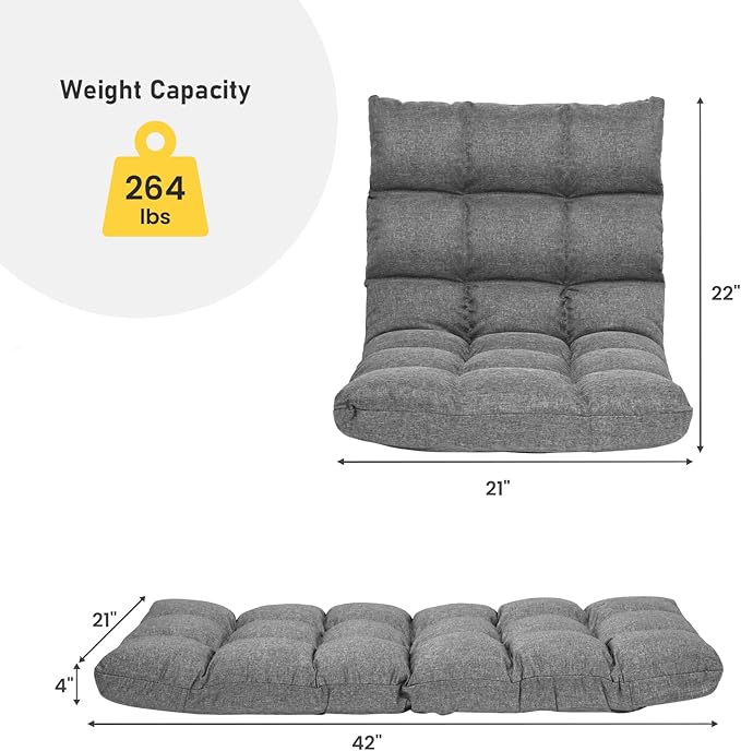 COSTWAY Floor Chair, Folding Gaming Chair with Back Support, 14 Adjustable Positions, Alloy Steel Frame, Lazy Sofa Lounge for Playing Reading Meditating Room Recliner for Adults, Kids (Gray)