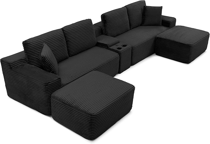 125” Oversized Modular Sectional Sofa, Deep Seat Corduroy Cloud Couch with Cup Holders, USB Ports & Storage Box, Sleeper Sofa Couch Boneless Couches for Living Room, No Assembly Required (Black)