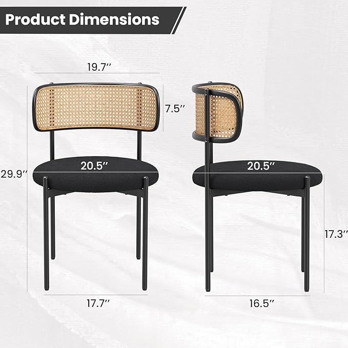 Farini Modern Upholstered Dining Chairs Set of 4,Rattan Back Dining Room Chairs,Accent Kitchen Chairs with Metal Legs,Black
