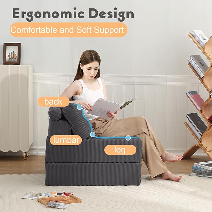 MeMoreCool Folding Sofa Bed Single – Convertible Sleeper Chair & Fold-Out Floor Lounge, Dark Grey Corded Fabric, Includes Headrest & Lumbar Pillow