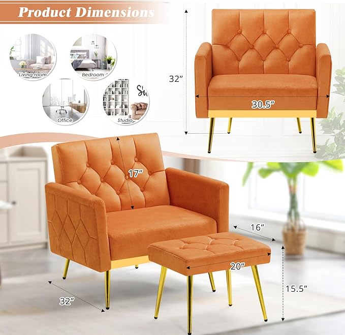 ACMEASE Velvet Accent Chair w/Adjustable Armrests and Backrests, Tufted Single Sofa with Ottoman, Upholstered Reading Chiar for Living Room, Apartment, Bedroom, Orange