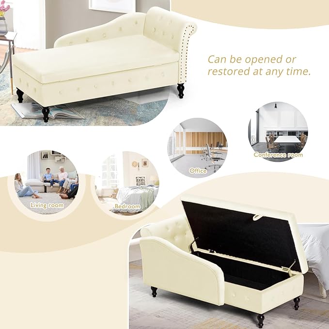 ACMEASE Upholstered Chaise Lounge with Right Armrest & Lumbar Pillow,Button Tufted Lounge Sofa with Storage,Lounge Chair Indoor,Modern Velvet Lounge Chair for Bedroom, Living Room and Office,Beige
