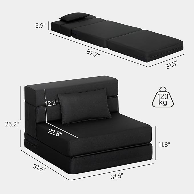 HOMCOM Folding Sofa Bed, Sleeper Chair with Pillow, Modern Linen Convertible Chair Bed, Fold Out Floor Futon Couch for Living Room, Dorm, Guest Use, Home Office, Black