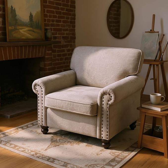 Nailhead Armchair, Rolled Arms Accent Chair for Living Room, Single Sofa Chair with Springs Seat Cushion & Wooden Legs, Mid-Century Armchair for Apartment, Office, Farmhouse, Beige