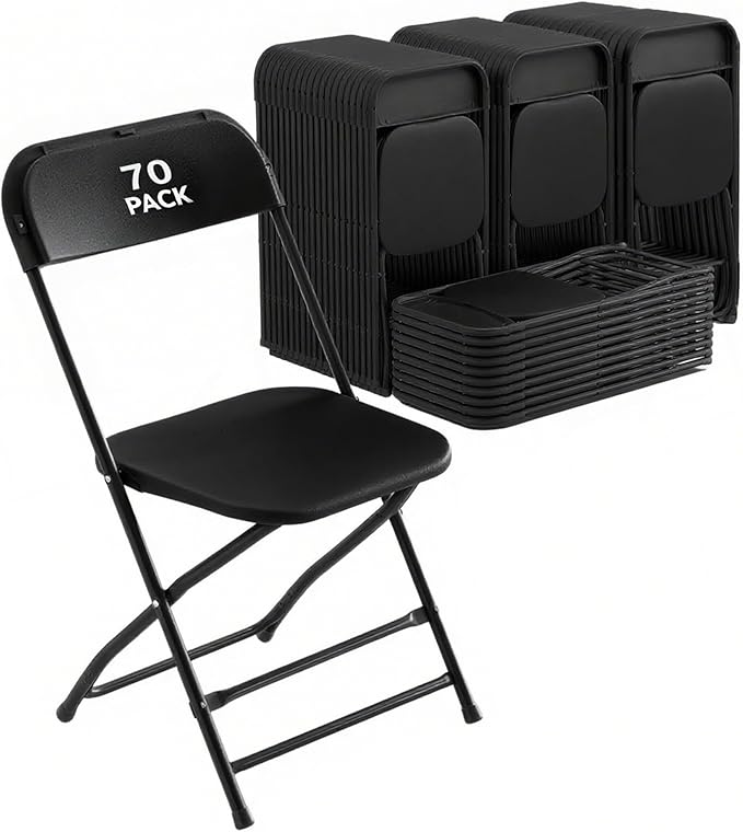 70 Pack Black Plastic Folding Chair for Indoor Outdoor, 350 lb Capacity, Foldable Commercial Stacking Chairs with Steel Frame for Office Wedding Party Events