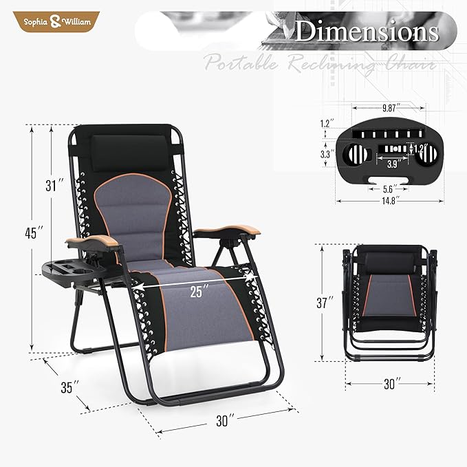 Sophia & William Oversized Zero Gravity Chair Padded, Folding Lounge Chair with Wide Armrest and Cup Holder, Support 400 LBS, Black