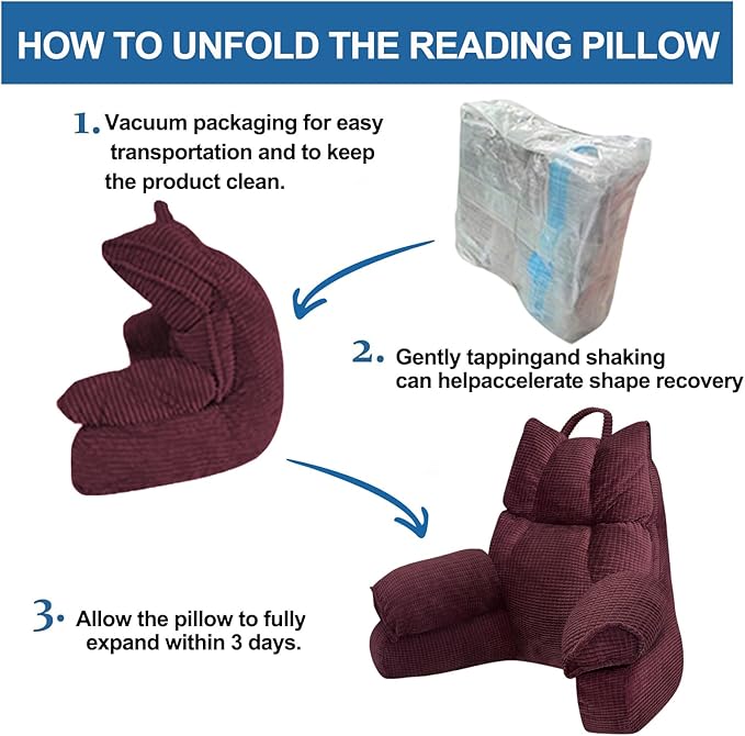 RRPAHWTV Reading Pillow for Bed with High Arm Rests,Back Support Pillow for Sitting Up in Bed with Shredded Memory Foam for Reading, TV, Gaming or Relaxing on Floor（Plum，Small）