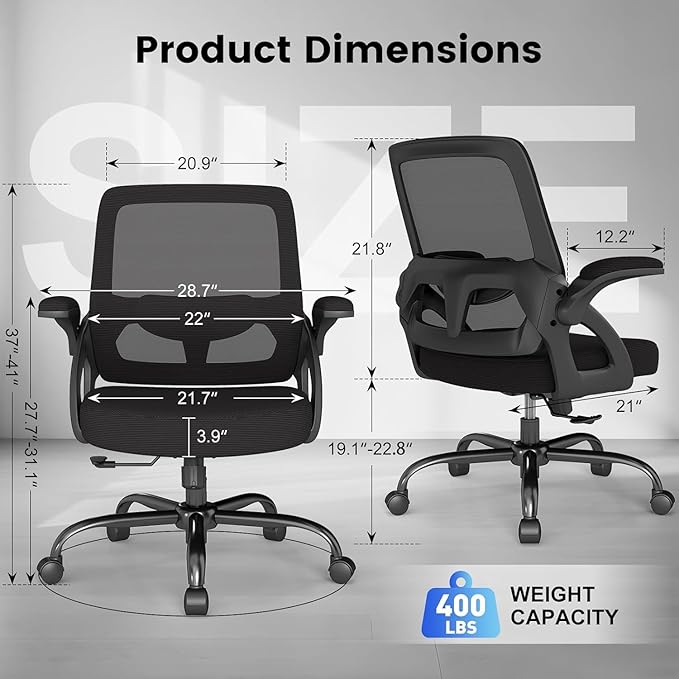 Mesh Office Chair, Ergonomic Desk Chair Wide Mid Back with Comfy Lumbar Support Swivel Task Executive with Wheels, Flip up Arms for Home