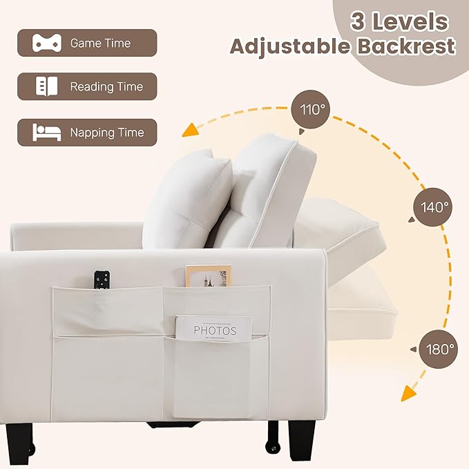 choairy Convertible Sleeper Chair, 3 in 1 Sleeper Chair Bed Pull Out Sofa Bed Chairs, Velvet Single Sofa with Adjustable Backrest for Adults Reading Living Room, Bedroom, Beige