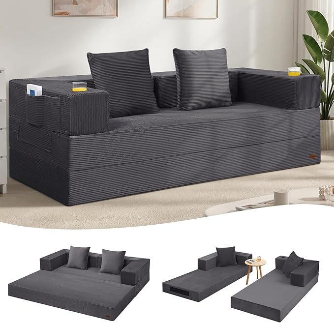 COMAX Futon Sofa Bed Queen, 79" Convertible Sofa Bed Couches for Living Room, 4 in 1 Folding Boneless Sleeper Corduroy Couch Loveseat Foam in a Box, Foldable Comfy Lounge Fold Out Floor Mattress Grey