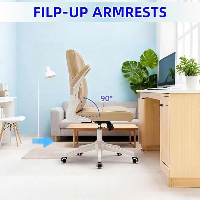 Ergonomic Home Office Desk Chair with Space Saving Flip-Up Arms, 360° Swivel & Reclining Back, High-Back Executive Chair in Soft Faux Leather Chair Multi-Angle from 90° to 135°with 450LBS Capacity