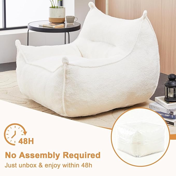 Giant Bean Bag Chair for Adults and Kids, Comfy Beige Beanbag with Filling Plush Fluffy and Back Support, Lounge Lazy Floor Sofa Accent Chair, Cozy Single Cloud Couch for Living Room, Bedroom & Dorm