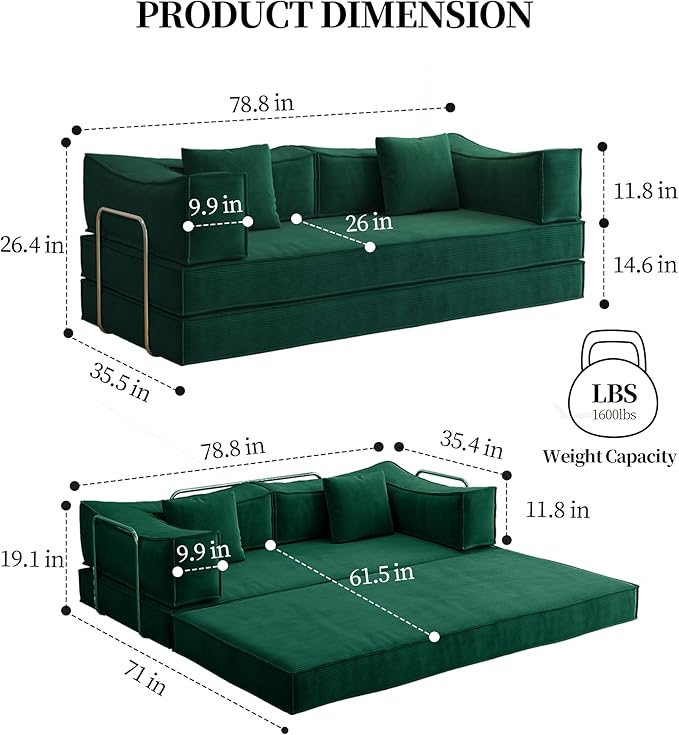 79" Convertible Sleeper Sofa Bed, Corduroy Folding Sleeper Couch with Fixed-Shape Frame, Boneless Couch for Living Room Bedroom, Floor Sofa Lounge No Assembly Required (Green)