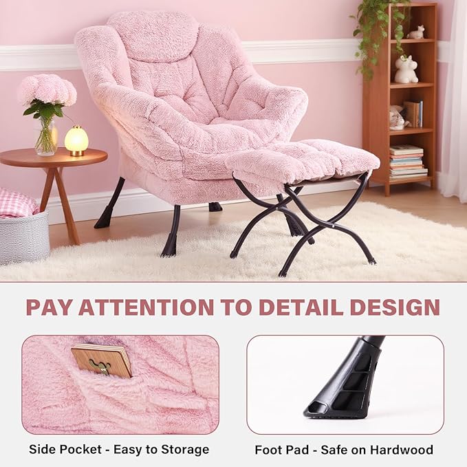 Tiita Lazy Chair with Ottoman, Pink Chair Modern Large Accent Lounge Armchair, Comfy Leisure Sofa Reading Chair with Footrest for Bedroom, Living Room, Dorm Rooms, Garden and Courtyard, Plush Pink
