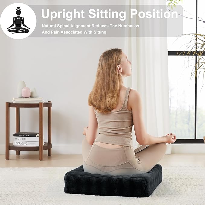 JKMAX 22 inches Floor Pillow for Adults - Large Meditation Cushion with Thick Foam & Soft Tufted Cover - Premium Outdoor Square Floor Cushion Seat - Yoga Pillows for Sitting On Floor - Black