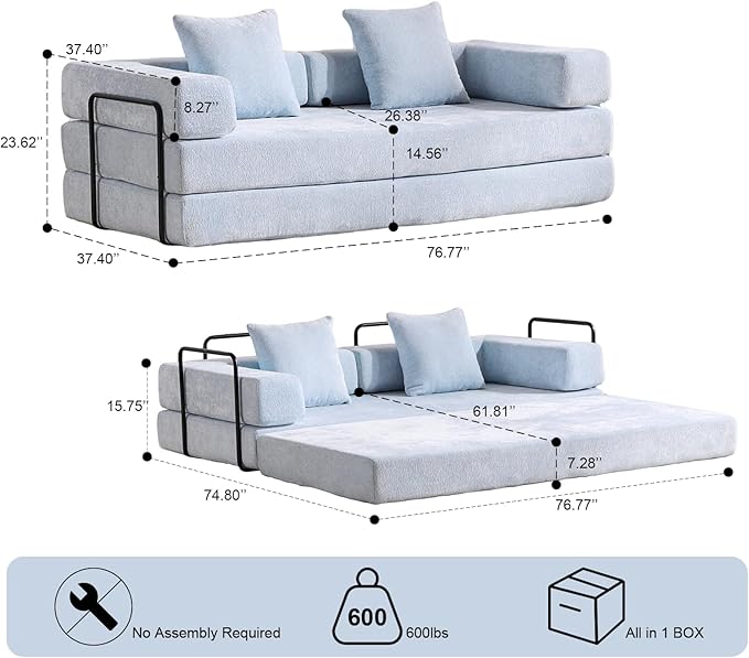 77" Convertible Foldable Floor Couch, 3-Seat Futon Sleeper Sofa for Living Room, Bedroom, or Apartment, with Pillow Backrest and Armrests, Chenille Fabric, No Assembly Required, Light Blue