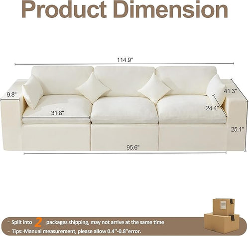 115''Cloud Boneless Sectional Couch, Modular Sectional Sofa Deep Seat, Oversized Upholstered Convertible Comfy 3 Seater Chenille Memory Foam Sofa Couches for Living Room, Beige