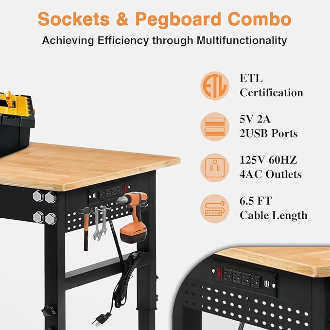 Betterhood Adjustable Height Workbench, 60" Rubber Wood Top Heavy Duty Workstation with Power Outlets, 2000 LBS Load Capacity Hardwood Worktable for Workshop, Garage, Office, Home, Commercial