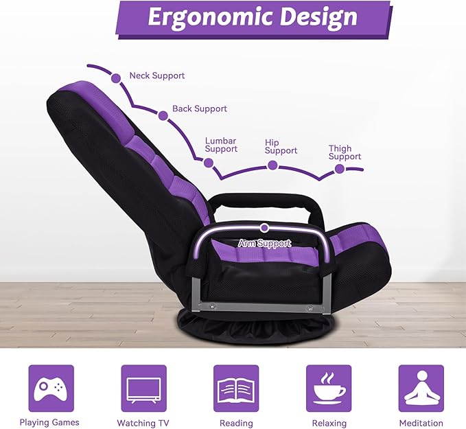 360 Rotating Swivel Gaming Chair w/6 Adjustable Positions Backrest Foldable Floor Chairs Suitable for Reading, Relaxing, Mediation,Purple