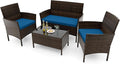 RELAX4LIFE 4-Piece Patio Furniture Set - Rattan Outdoor Conversation Bistro Set w/Cushions, Glass Coffee Table, Wicker Chairs & Loveseat for Garden Backyard Porch, Balcony Furniture Set (1, Peacock)