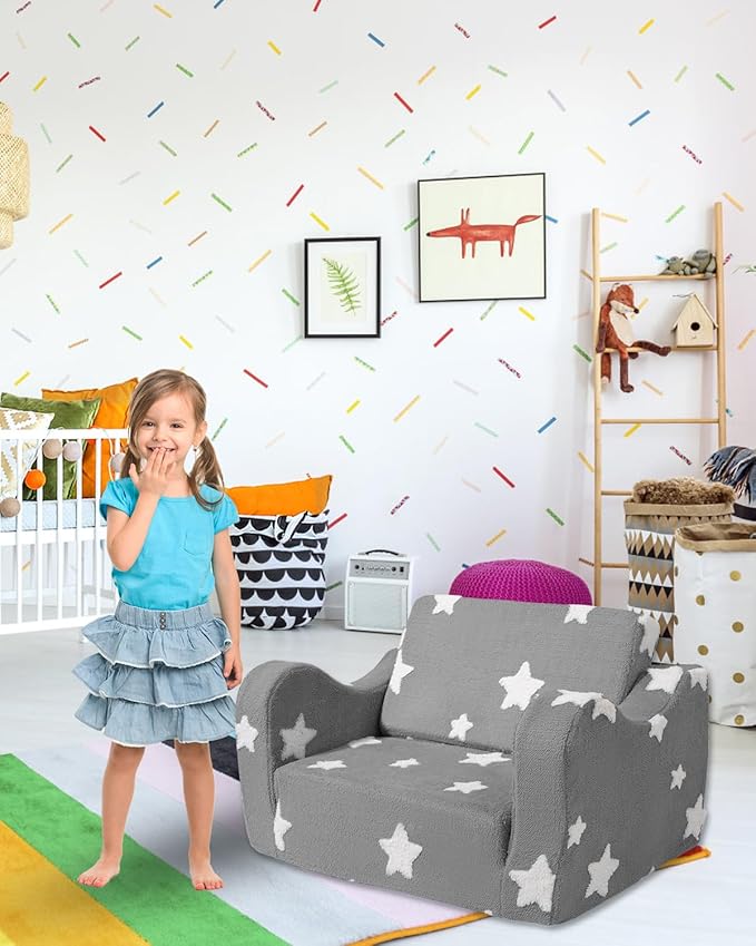 Toddler Couch, Kids Couch for Toddler Fold Out, 2-in-1 Convertible Kid Sofa to Lounger Bed for Girls and Boys, Ideal for Reading Sleeping Gaming Decor (Gray)