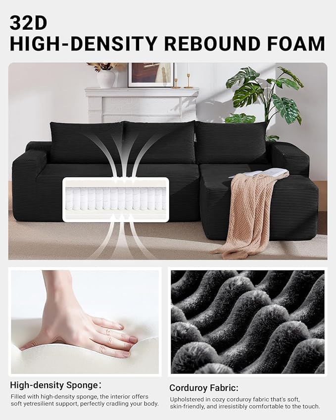 Vanress 97" Cloud Couch Sectional, Corduroy Boneless Couch with L-Shape Chaise,Modern Modular Sectional Sofa Comfy Deep Seat for Living Room, Bedroom, No Assembly (Black, Right Facing Chaise)