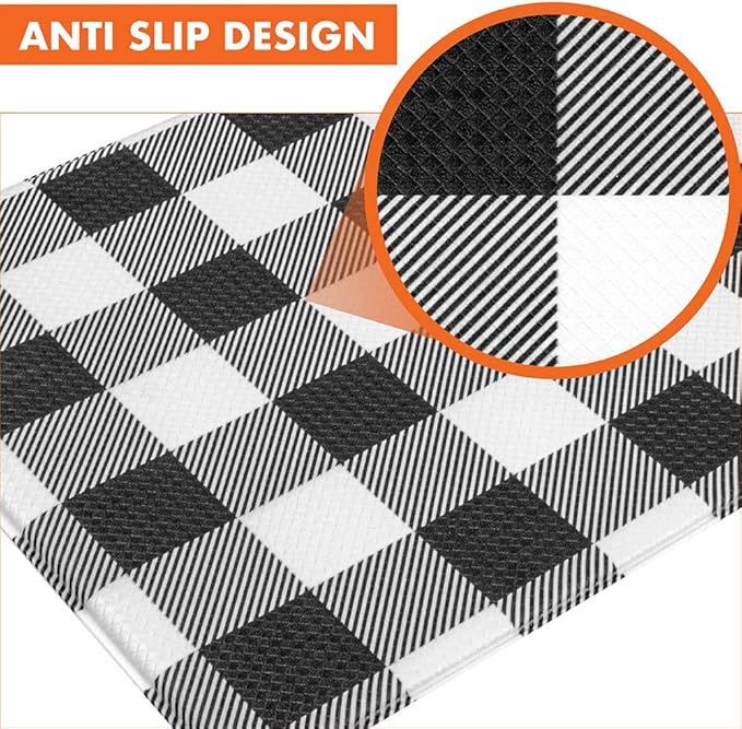 OPUX Anti Fatigue Kitchen Floor Mat, Reversible Cushioned Memory Foam Kitchen Rug Pad, Waterproof Non-Slip Padded Comfort Standing Mat Laundry Home, 47x17 (Buffalo Check Black White Herringbone)