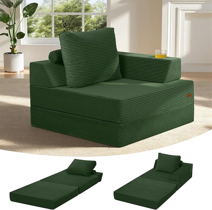COMAX Folding Sofa Bed, Foldable Couch for Bedroom, Corduroy Convertible Floor Sleeper Futon Chair Foam, 3 in 1 Fold Out Chair Portable Comfy Lounge Couch Single Sofa Bed for Small Space Guest Room
