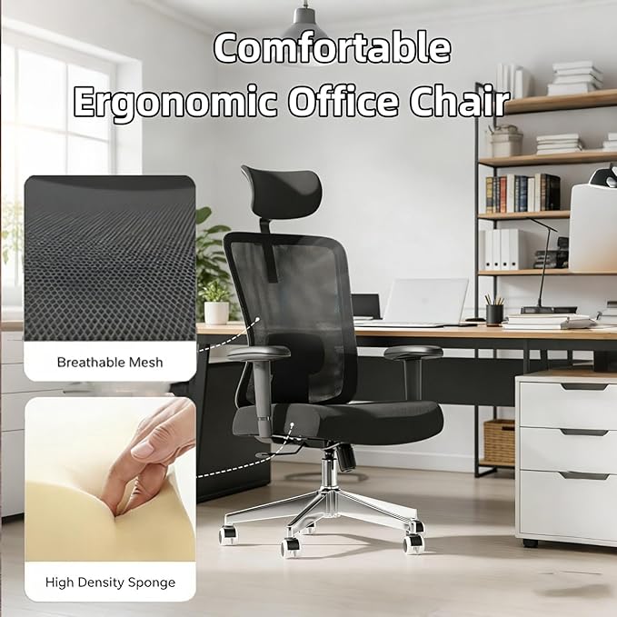 Monhey Office Chair Ergonomic Desk Chair with Lumbar Support&Headrest&Adjustable Arms&Height Rocking Swivel High Back Computer Chair Warm Taupe Mesh Study Chair (08All Black)
