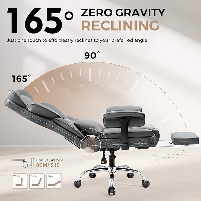 BESTFAIR Big and Tall Office Chair - High Back Executive Chair with Footrest & Lumbar Support for Heavy People, Adjustable Arms, Padded Wide Seat Computer Gaming Chair, Gray 2 Pack